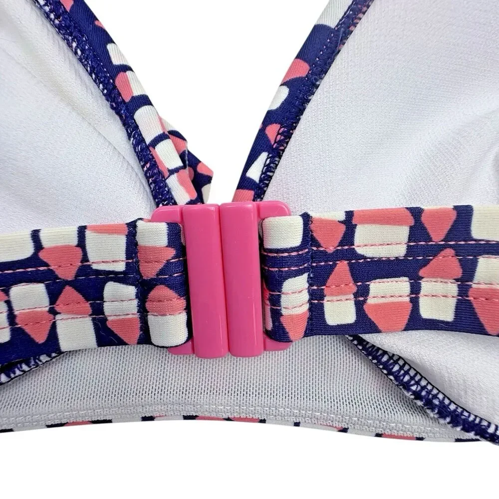 Boden Ruffle Halter Bikini Swim Top Pink Navy Geo Print US 6 Resort Beach